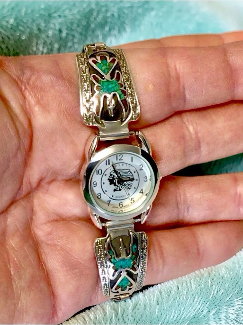Silver Indian Head Watch Sterling Navajo Turquoise/Coral Thunderbird Band